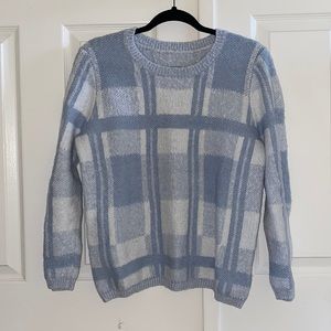 UO Vintage Fuzzy Blue and White Plaid Oversized Knit Sweater